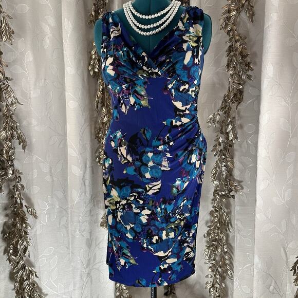 American Living Floral Ruched Dress | Size 14 |‎ Blue Purple | Sleeveless Sheath - Picture 3 of 10